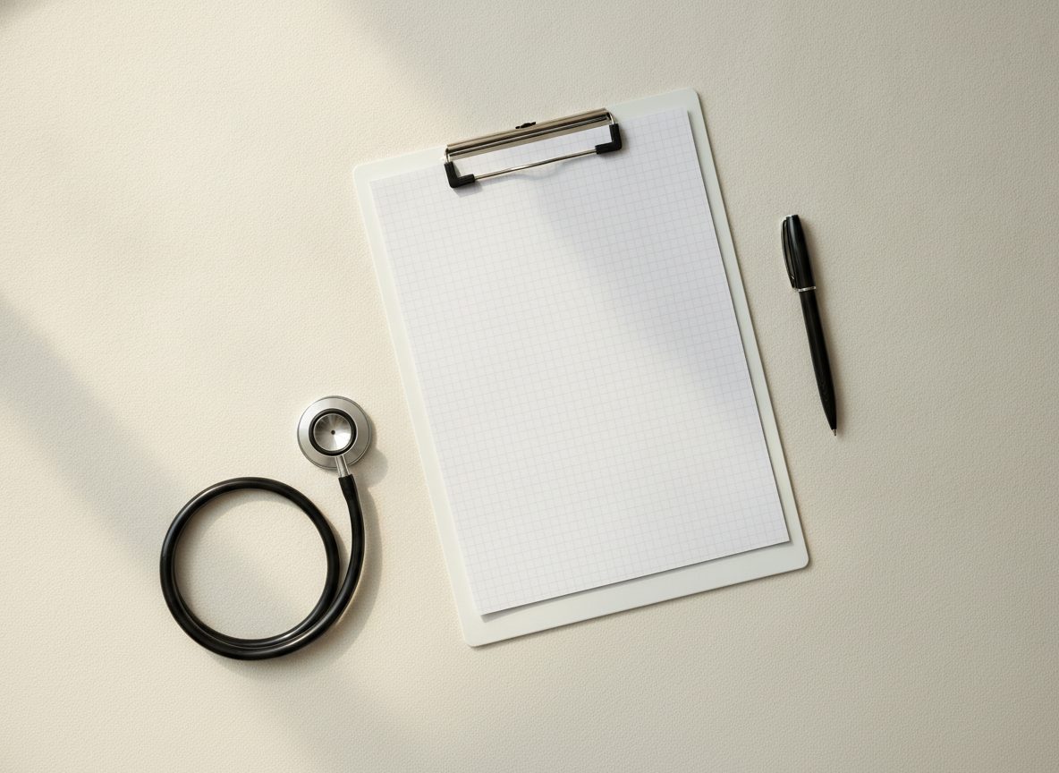 A clipboard, a pen and a stethoscope on a desk