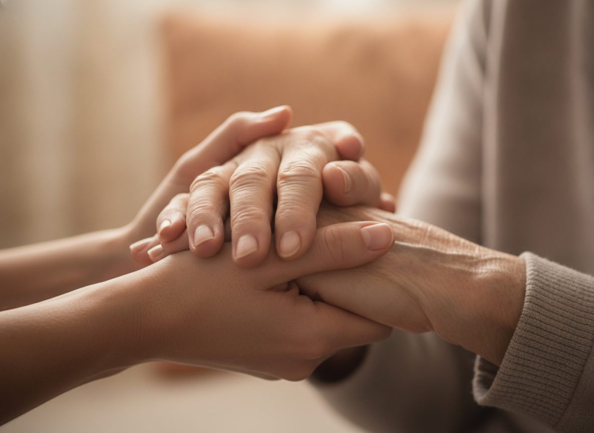 A caregiver gently holding the hands of an older adult